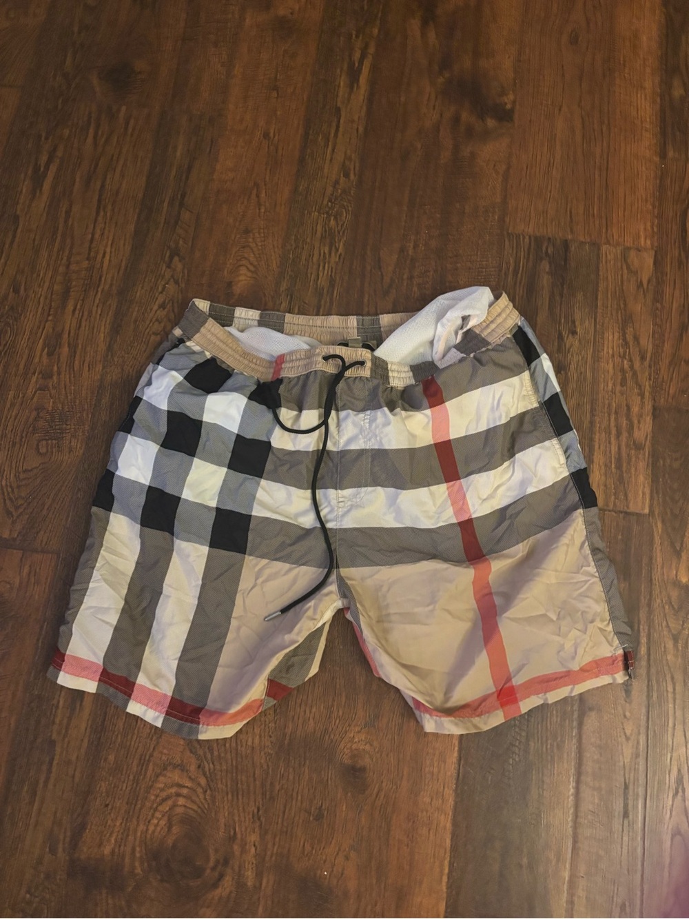 Burberyy's Men's Plaid Swim Trunks - Beige, Black & Red